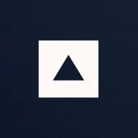 Dark blue triangle icon on a white square background with modern style.