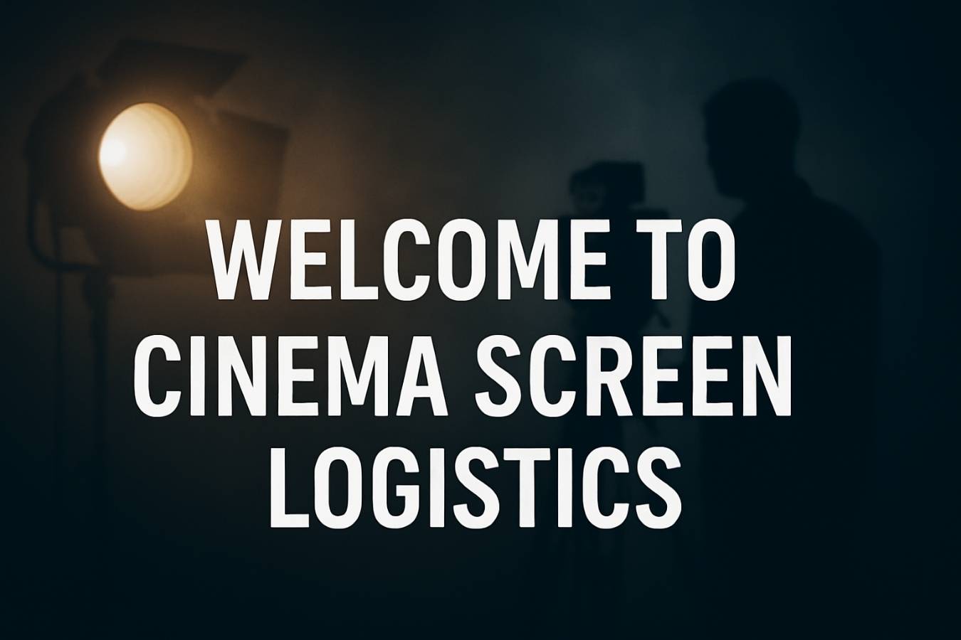 Film logistics company UK – Cinema Screen Logistics welcome image with spotlight and film crew silhouette.