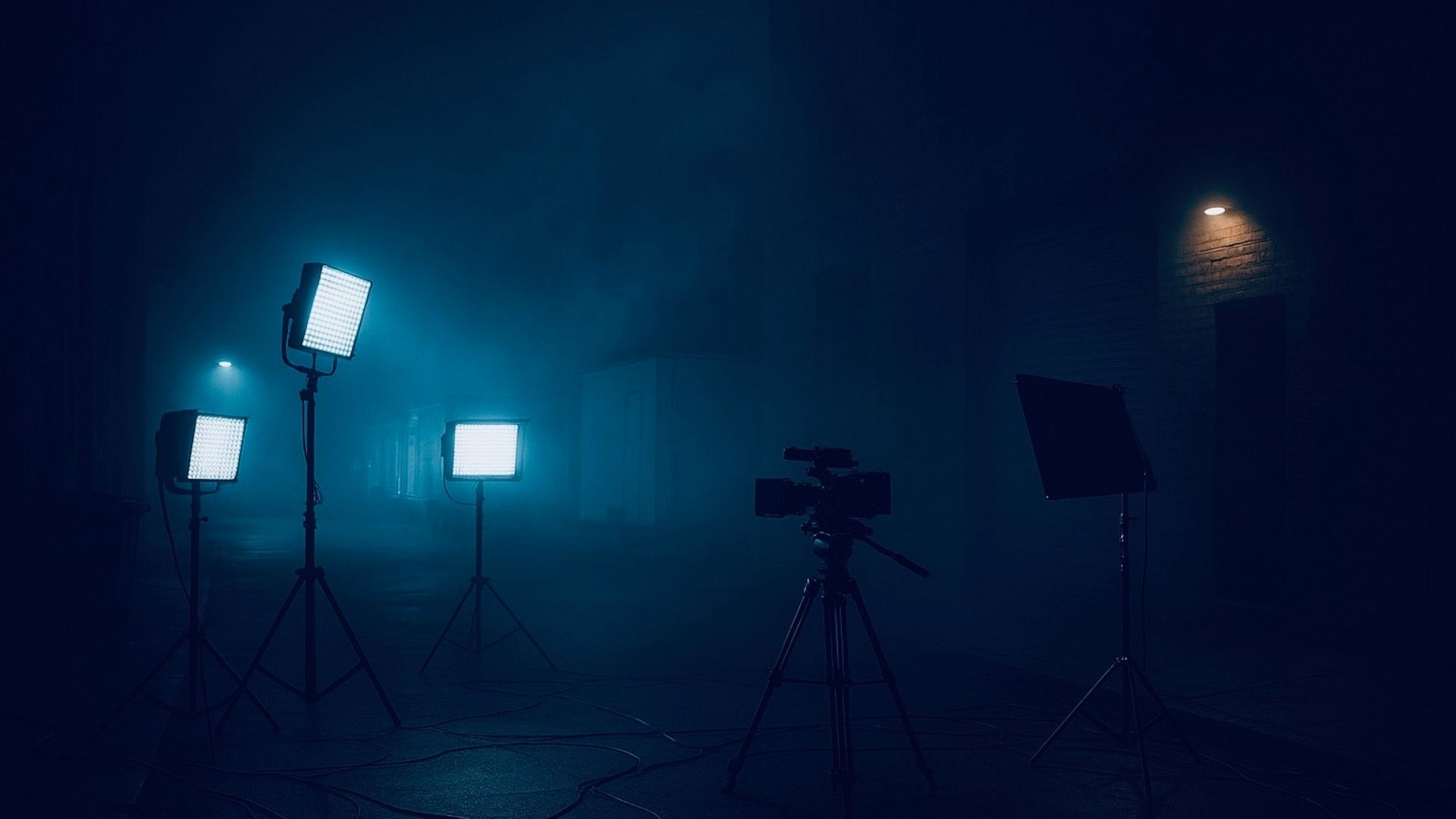 Film and TV production logistics – lighting equipment and camera setup on UK film set at night.