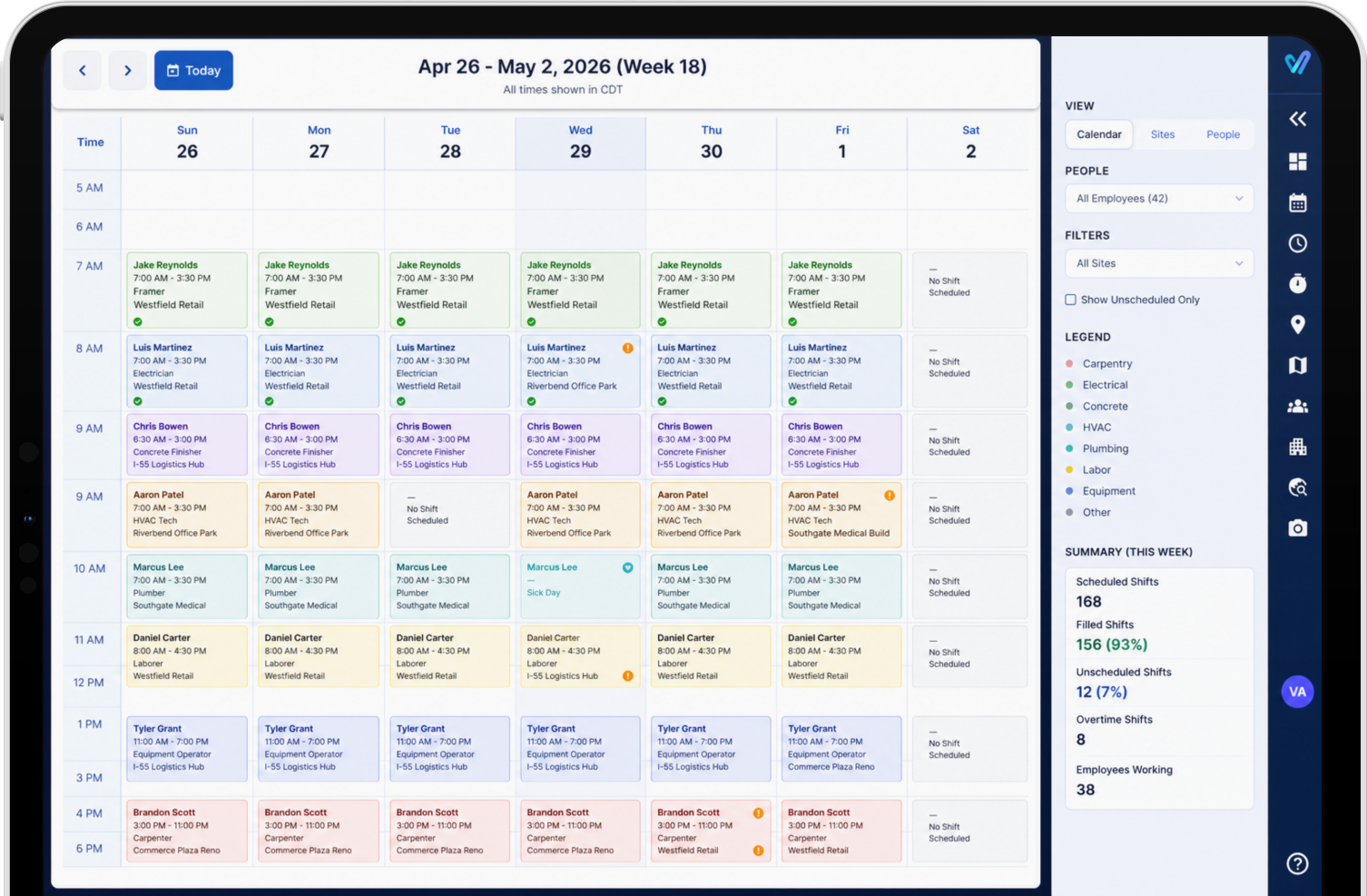 Vendoor Vantage crew scheduling board