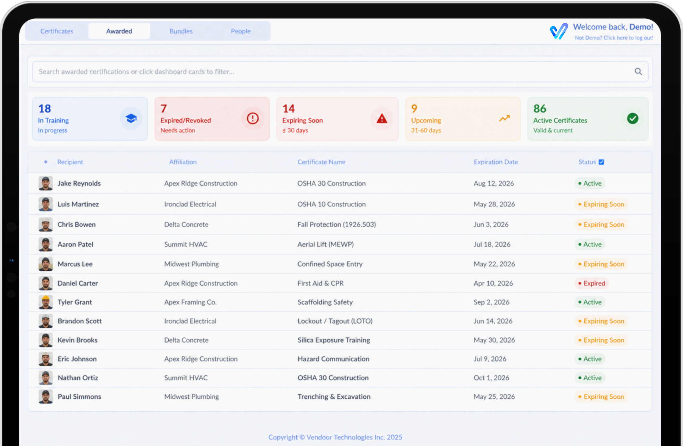 Vendoor Vantage learning and certification dashboard on iPad