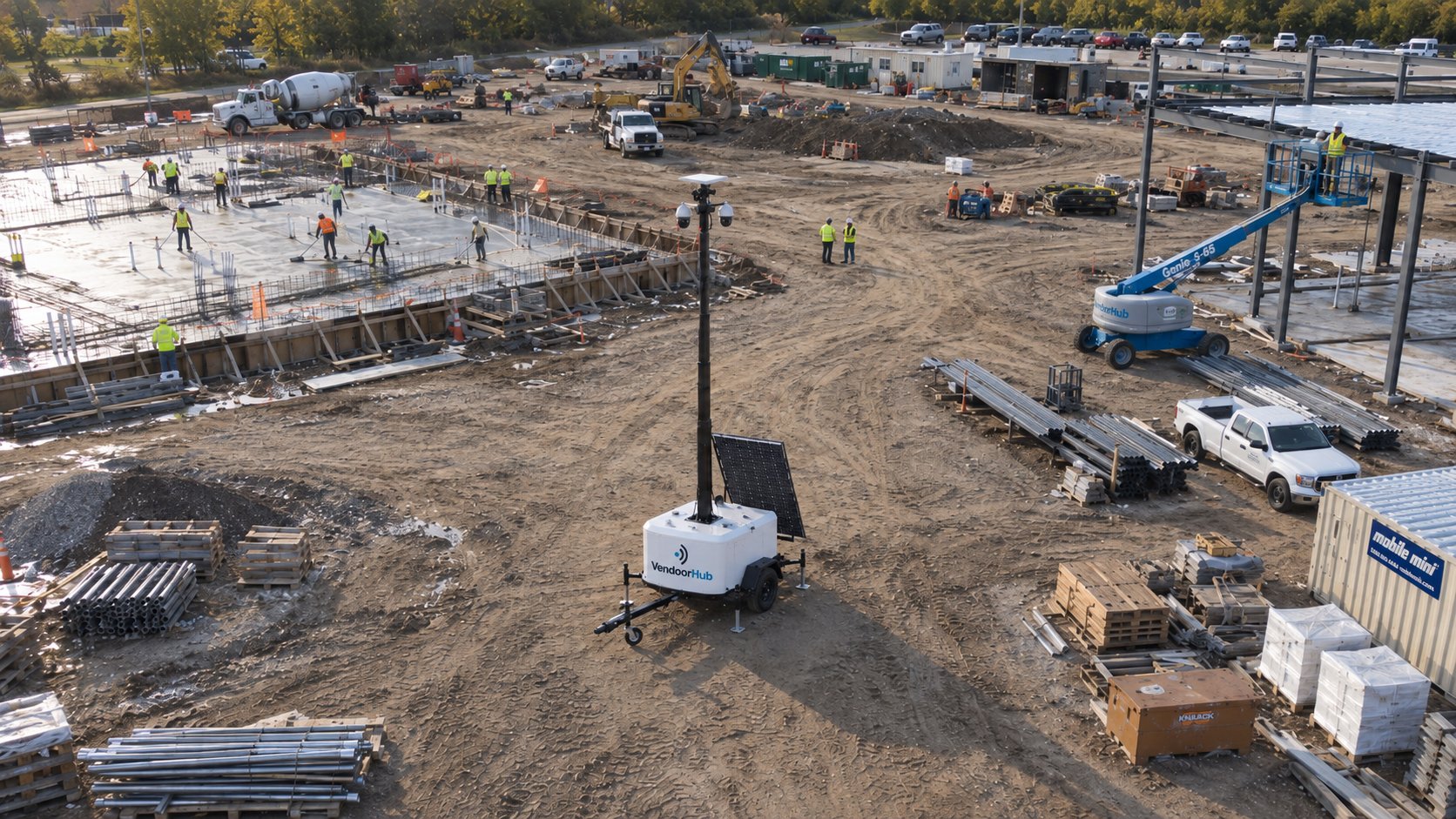 Aerial view of a jobsite with the VendoorHub trailer standing in the middle of the work area