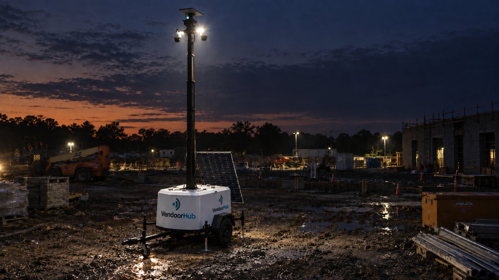 VendoorHub camera trailer lit and running on a construction site after dark