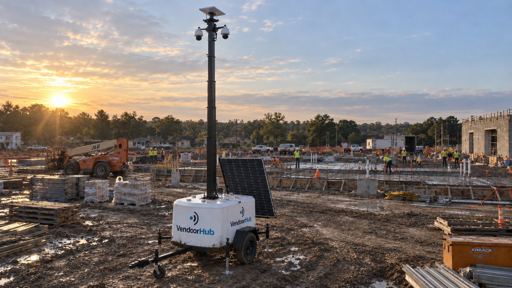 VendoorHub camera trailer standing mast-up on an active commercial construction site at first light