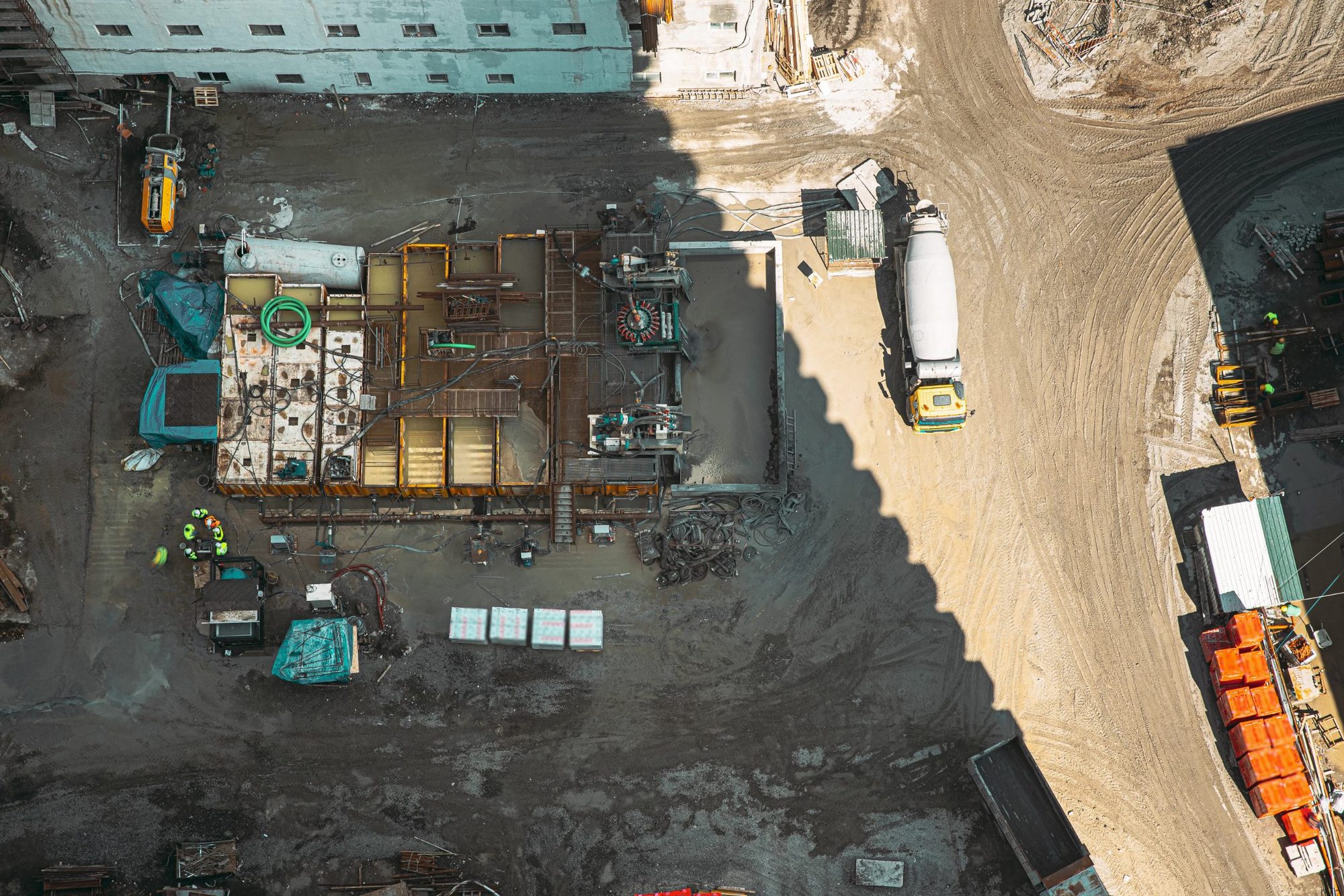 Commercial construction site under way, viewed from above