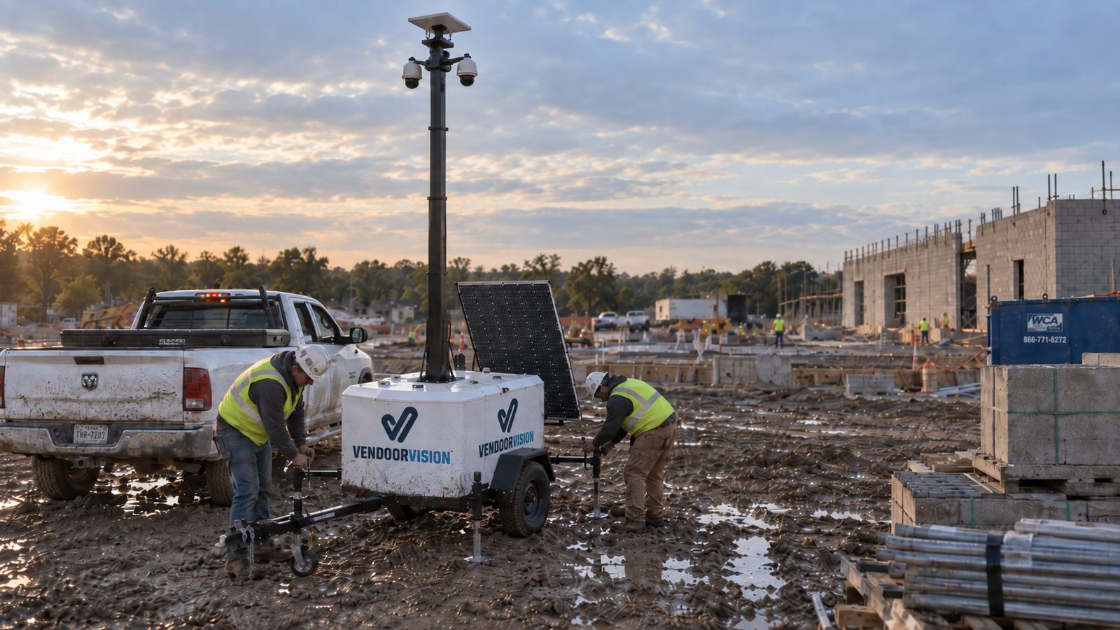 Two crew in hi-vis setting the leveling jacks on a Vendoor Vision trailer on a muddy site