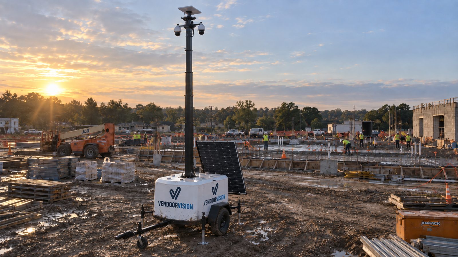 Vendoor Vision camera trailer with solar panel and mast cameras on a muddy site at sunrise