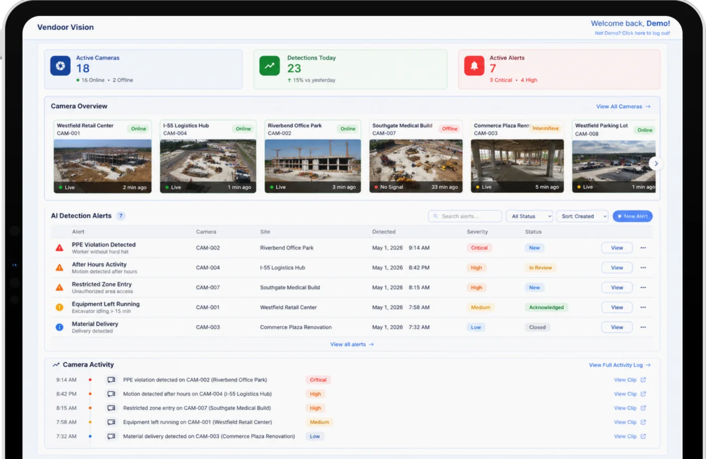Vendoor Vision interface showing active cameras across multiple sites with detection alerts