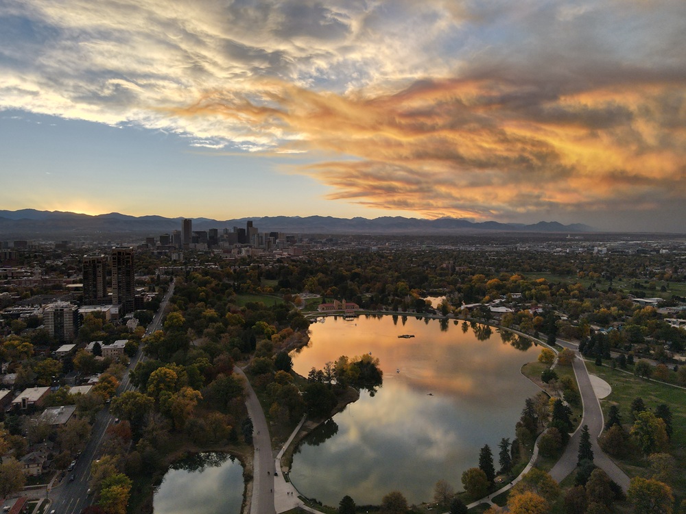 Drone Photograph of City park in Denver Colorado Sunset