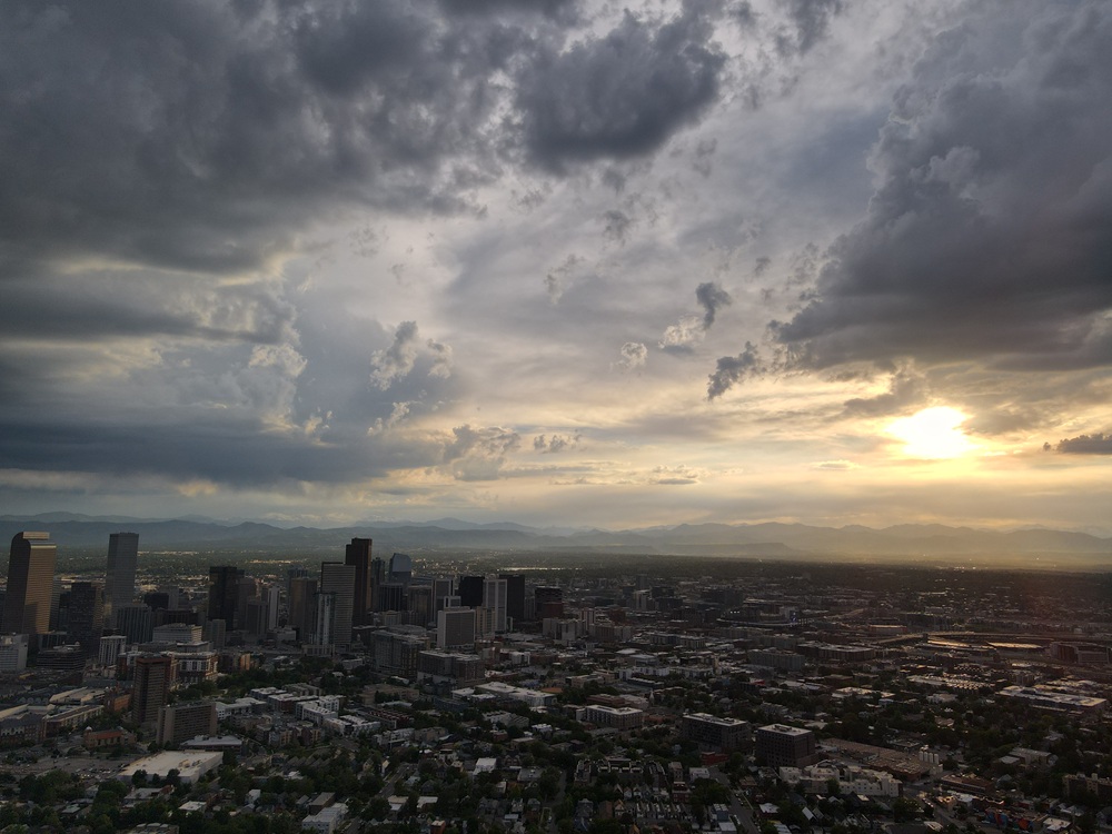 Drone photograph of Denver Colorado during sunset