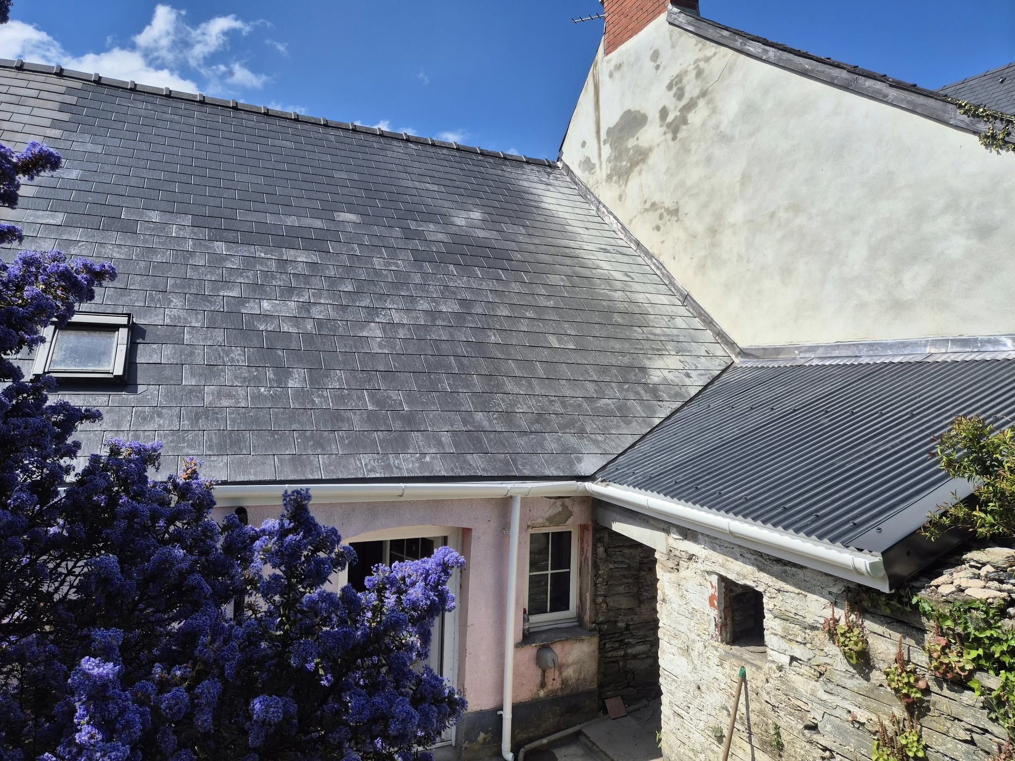 A house with a newly finished slate roof and adjoining pitched roof, partially obscured by a leafy bush.