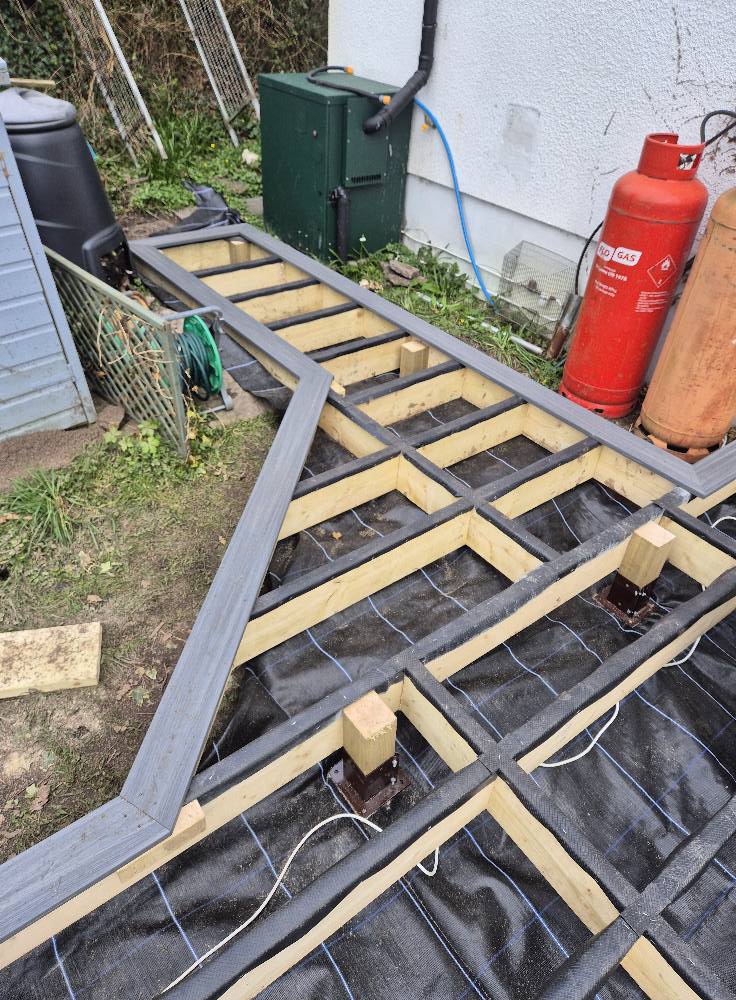 Overhead view of decking framework showing supporting joists.