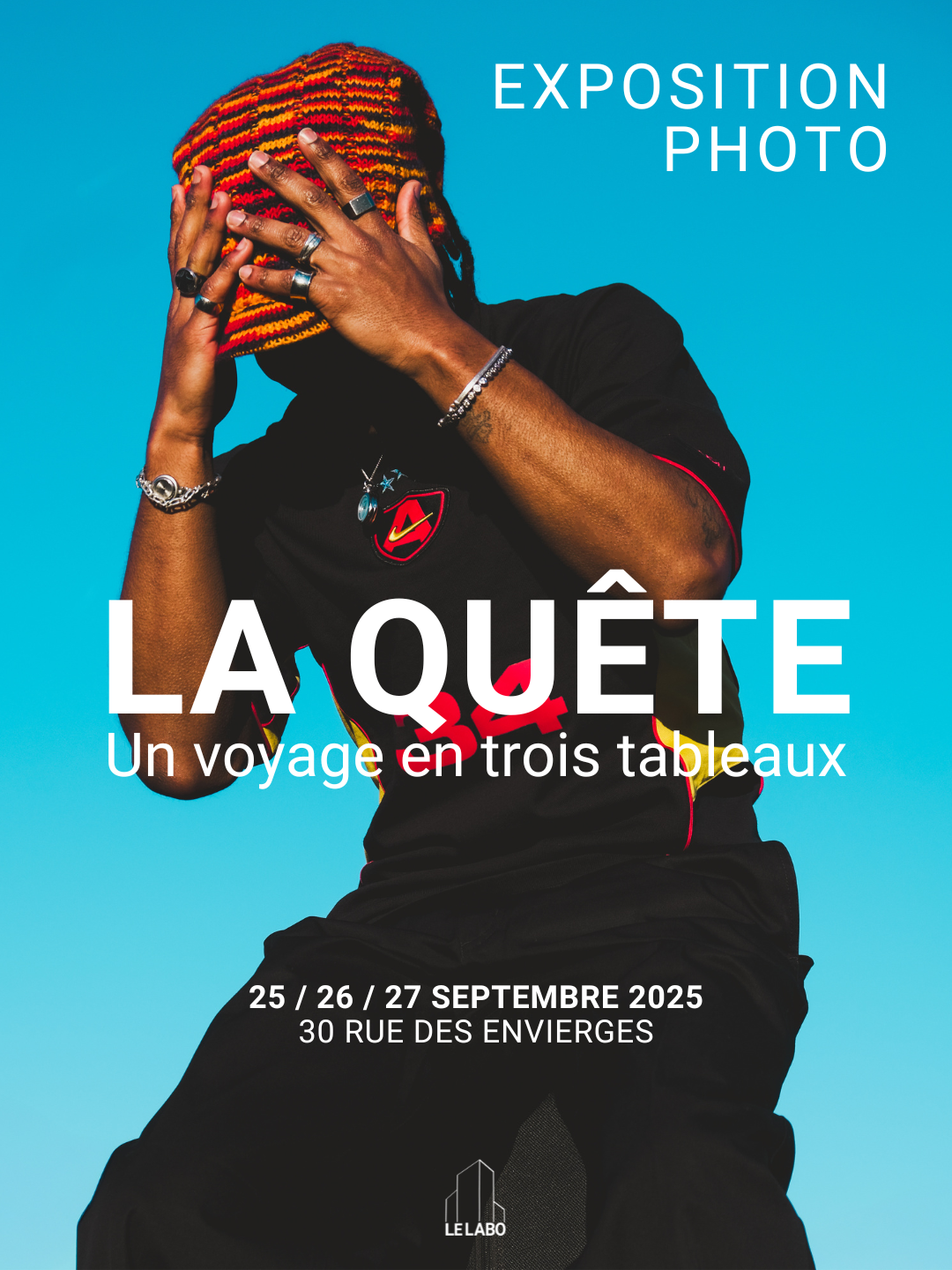 Affiche de l'exposition LA QUETE. Photographié par Romane Kouo