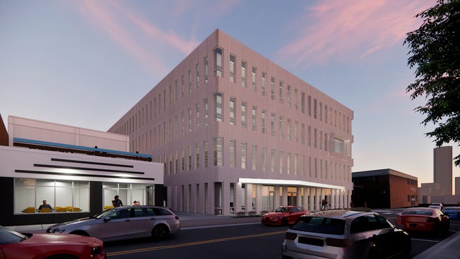 This is an architectural rendering of an office building to be built in Midtown.