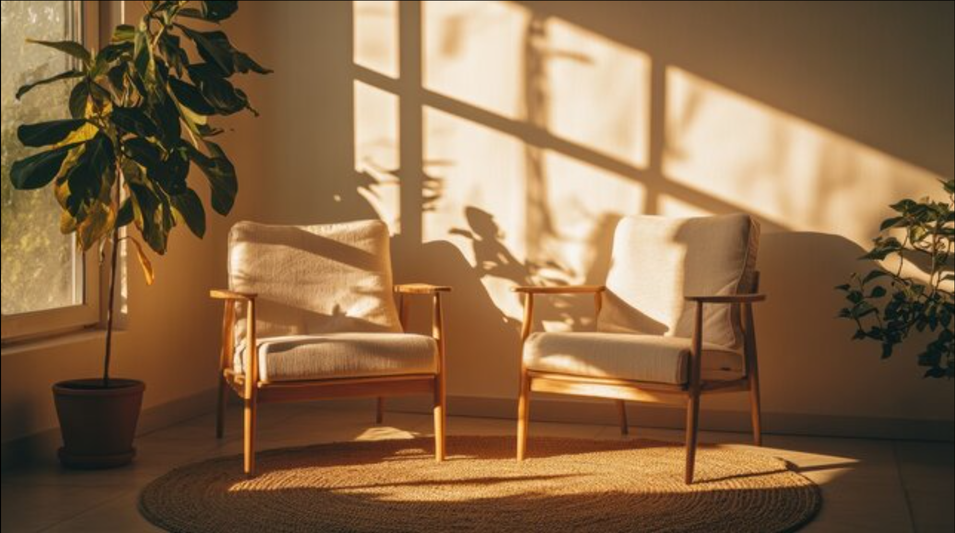 Two empty wood-framed chairs facing each other in a warm, sunlit room with plants, suggesting a welcoming space for conversation and therapy.