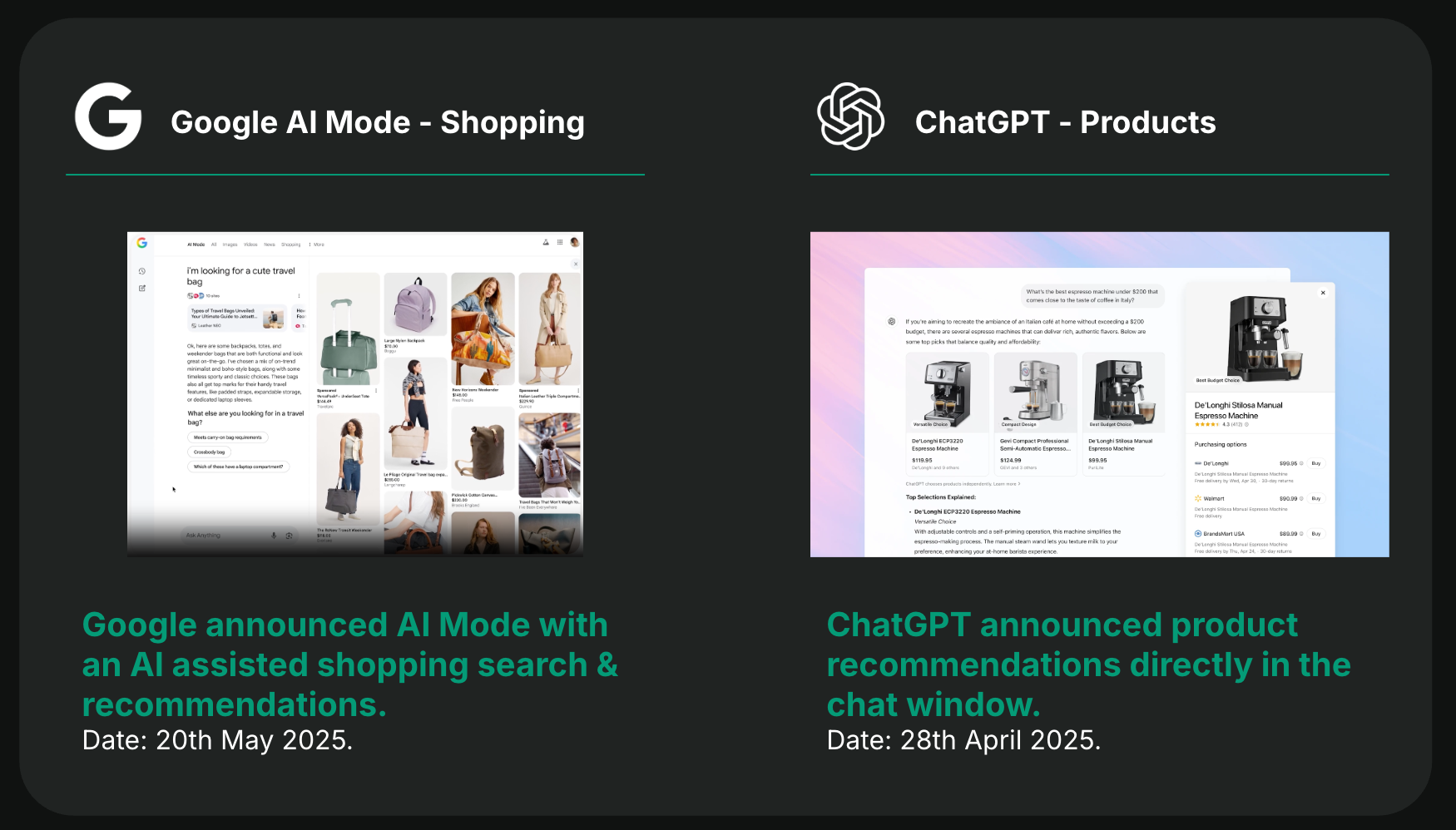 Aa comparison of Google and ChatGPT Shopping & Product recommendations in their search windows.