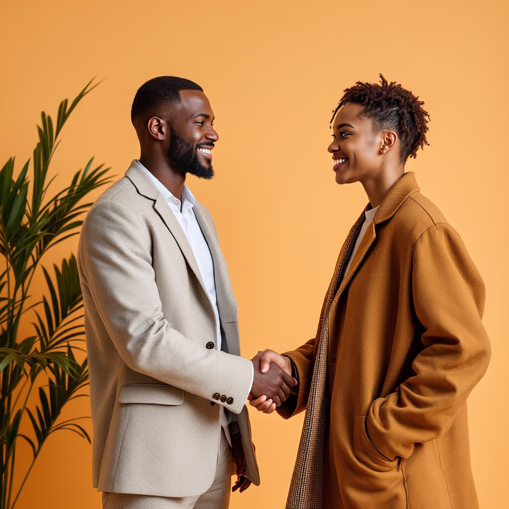 [headshot] image of satisfied customer shaking hands with company representative (for a fintech company)