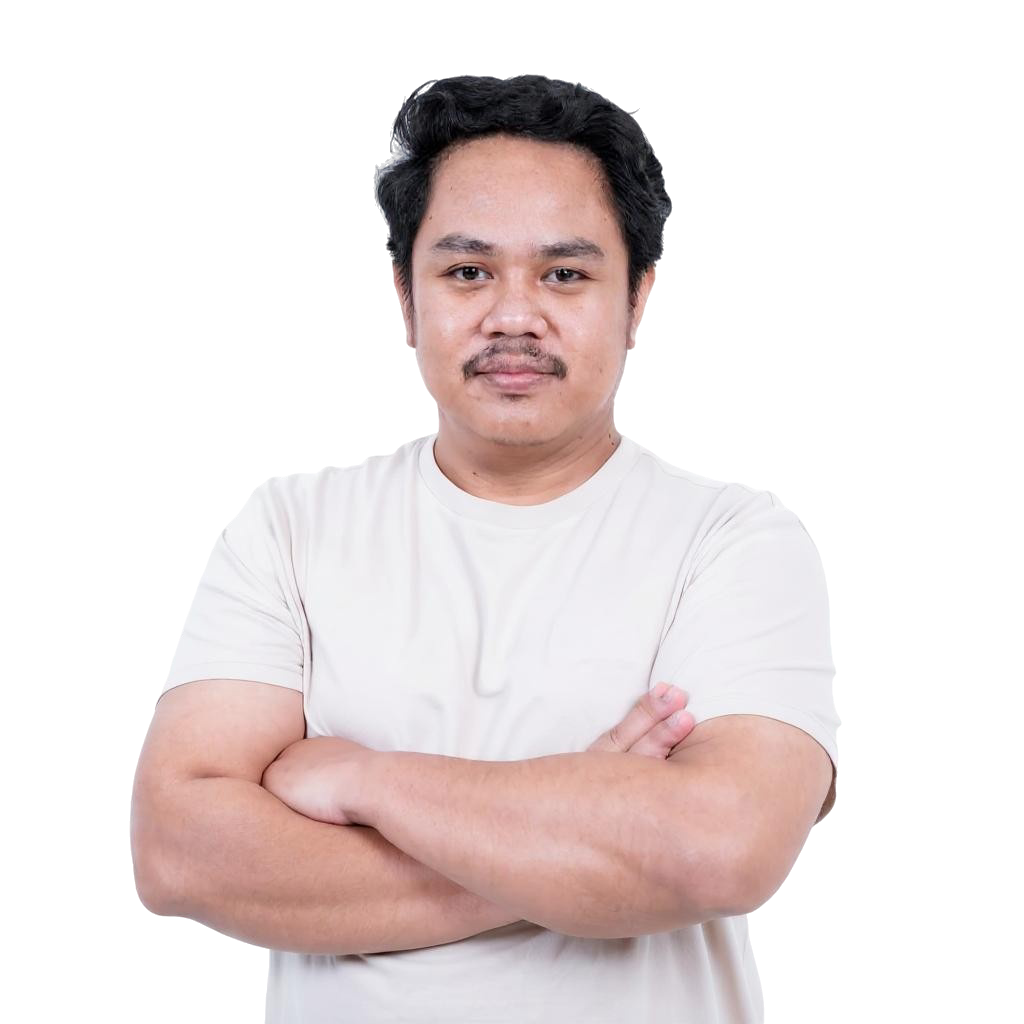 Confident man with crossed arms standing forward on a clean white background, smiling.
