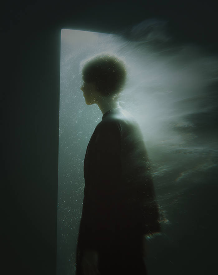 A woman stands in front of a door, illuminated by a warm light emanating from the open doorway.