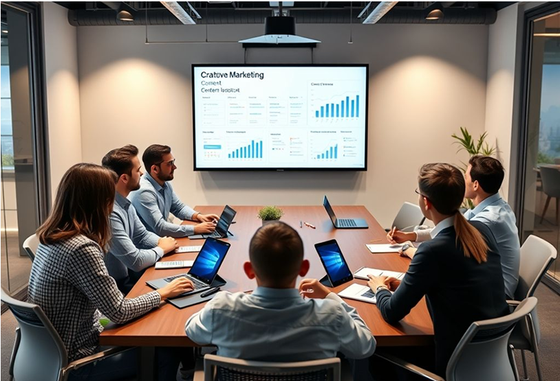 A group of people in a meeting room attentively watching a presentation on a screen.