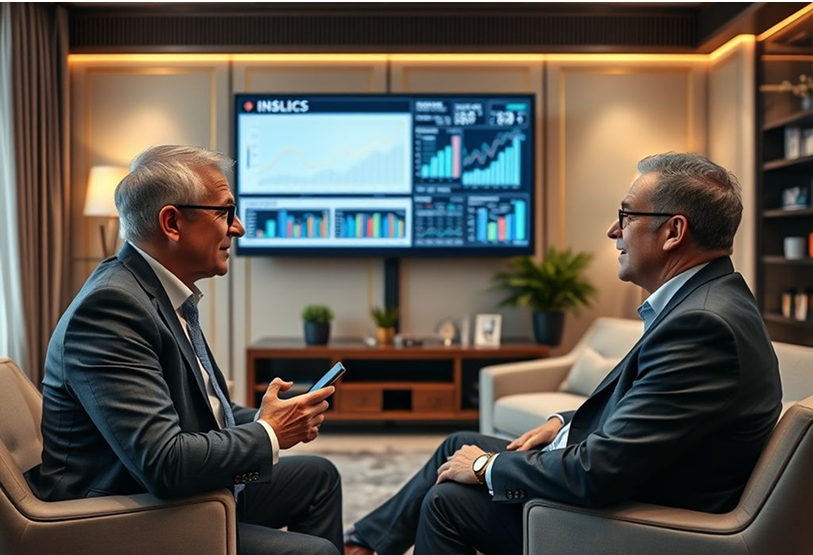 Two men in suits are seated on a couch, engaged in conversation while sitting in chairs.