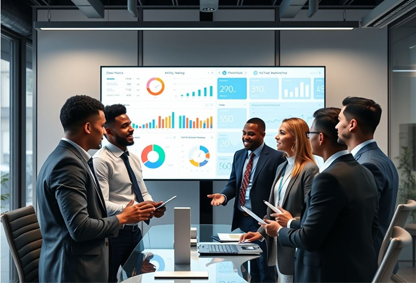 A group of diverse business professionals engaged in discussion around a conference table in a modern meeting room.