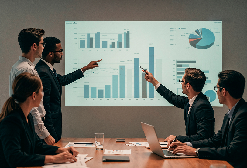 Two men in suits are seated on a couch, engaged in conversation while sitting in chairs.