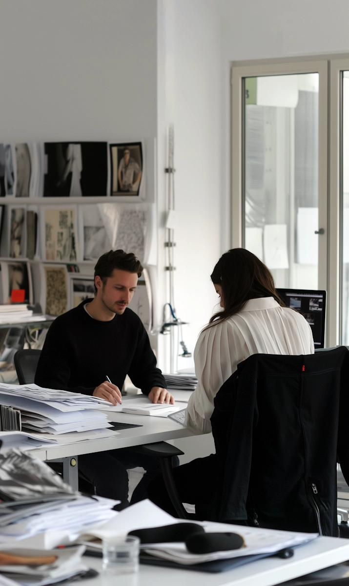 A man and woman sit at a desk, reviewing papers and discussing their work.