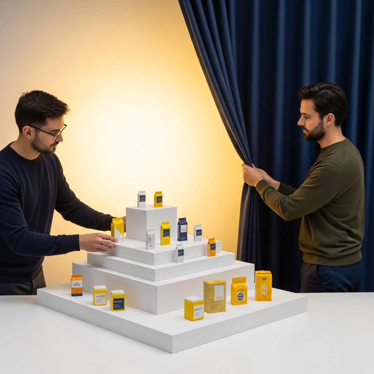 Two men stand beside a tall pyramid made of stacked bottles, smiling at the camera.