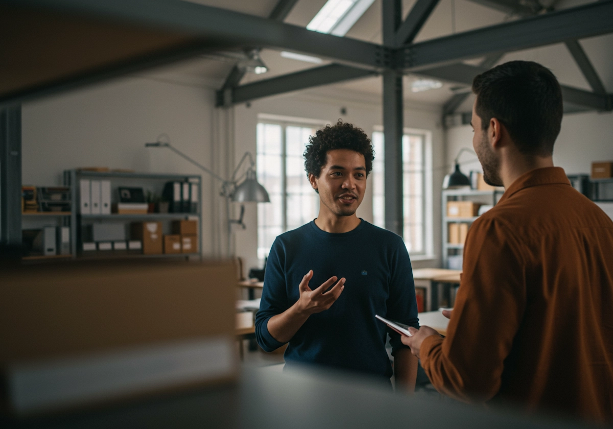 Two men engaged in conversation in a modern office setting, surrounded by desks and office equipment.