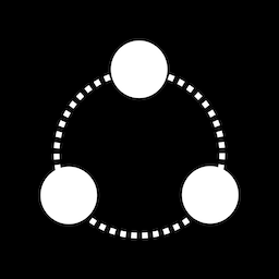 OpMistro logo showing three white circles arranged in a triangle, connected by a curved, segmented line forming a loop, all on a black background.