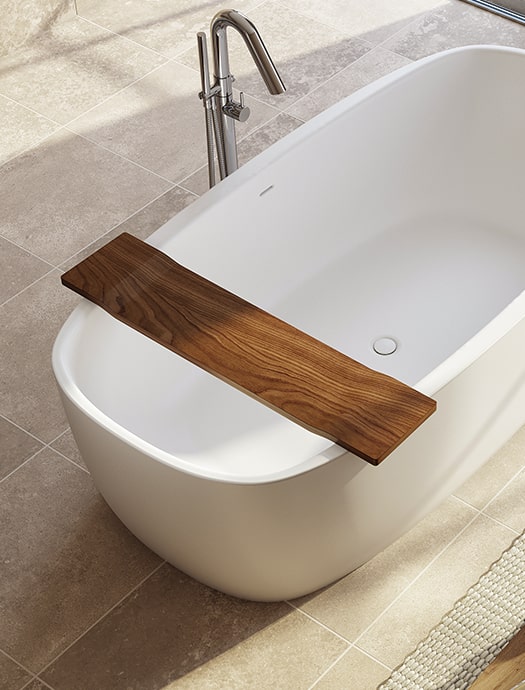 Aquatica Coletta white freestanding bathtub with solid wood bath tray by Terentti