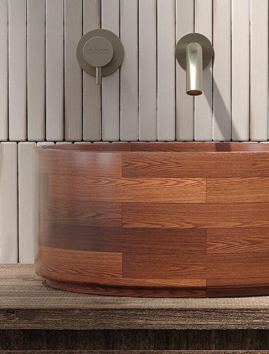 Nattura Living round wood bathtub with wall-mounted faucet by Terentti