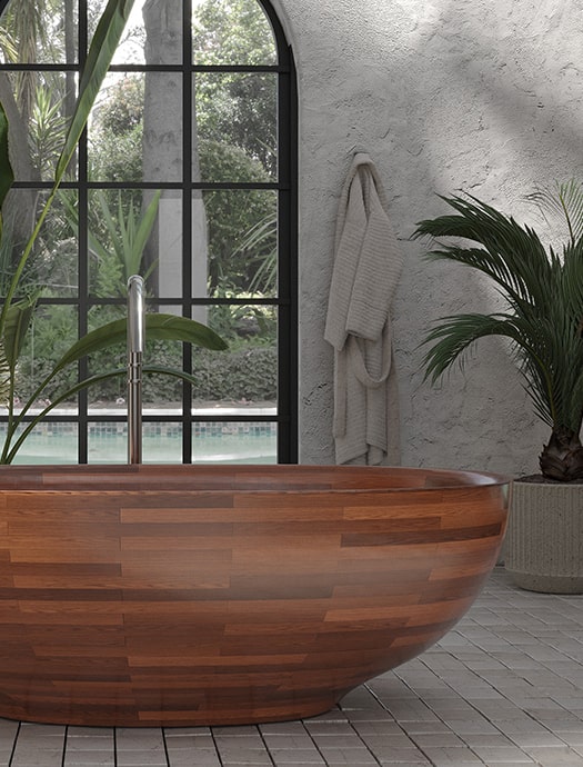 Nattura Living solid wood bathtub by Terentti in outdoor bathroom design