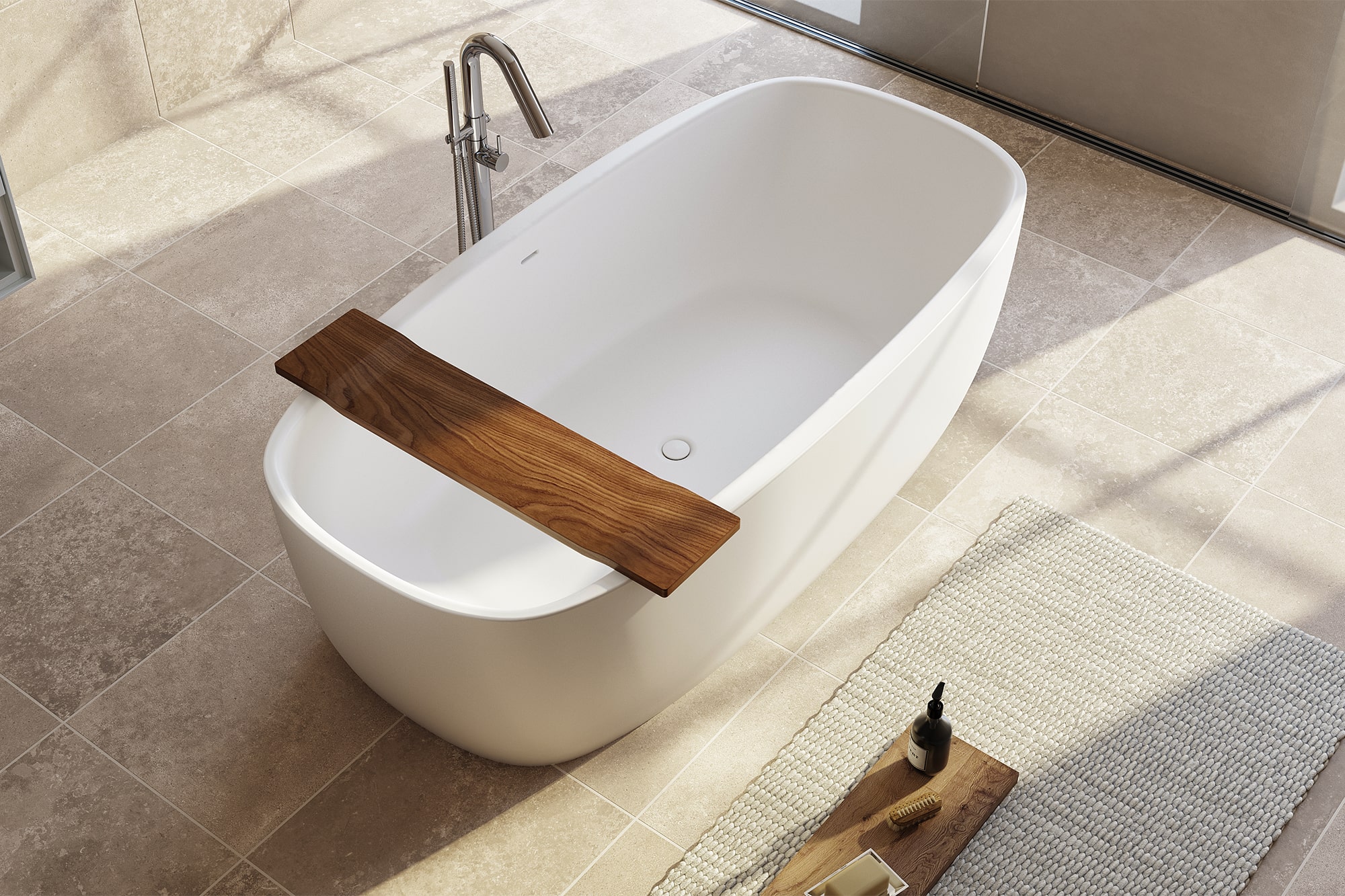 Aquatica Coletta white freestanding solid surface bathtub with wooden bath tray, represented by Terentti