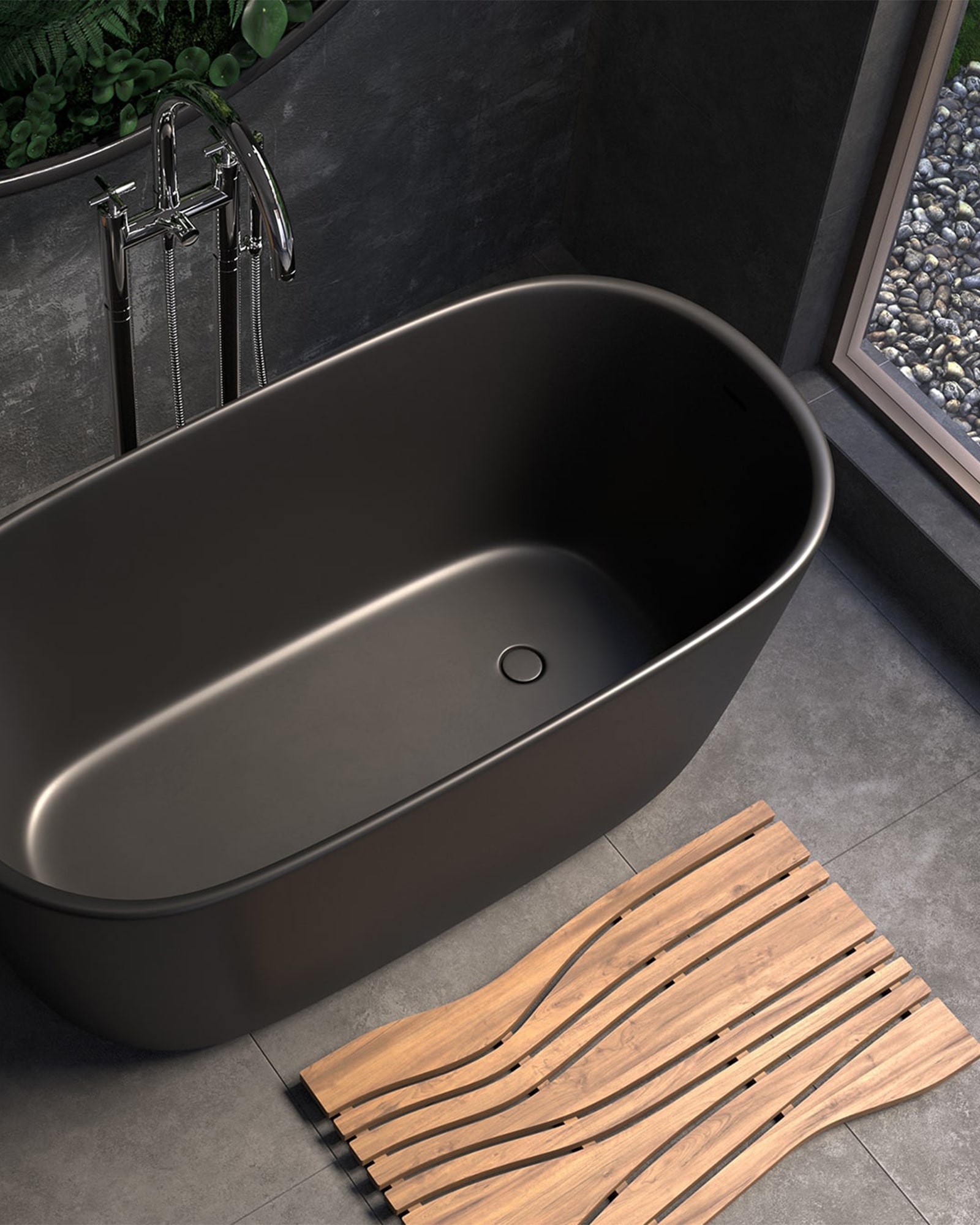 Aquatica Lullaby Mini black freestanding bathtub with chrome floor-mounted faucet and wooden bath mat, represented by Terentti