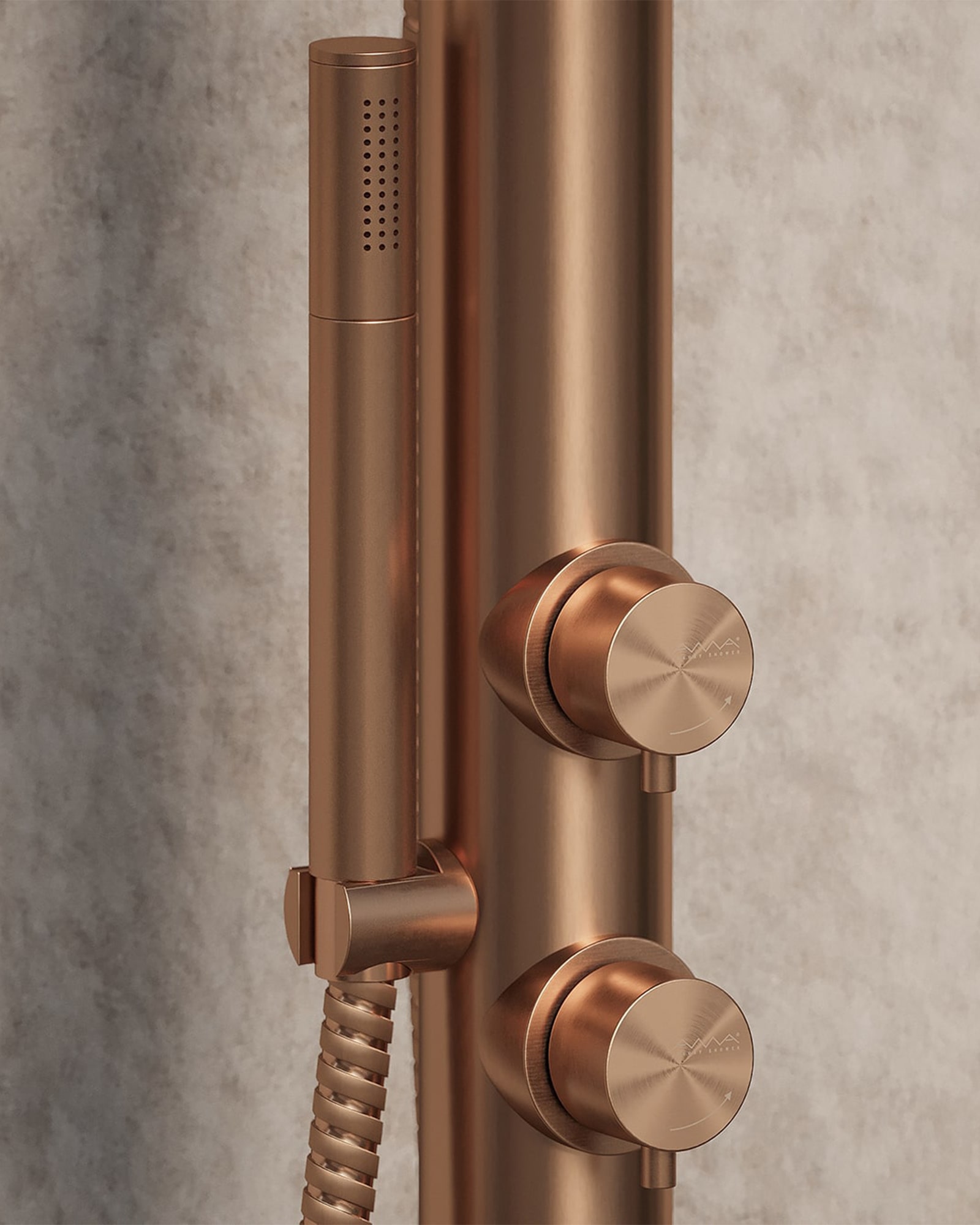 Close-up of AMA Luxury Shower Atena 8700 brushed copper PVD finish with dual control handles and slim stainless steel hand shower, represented by Terentti