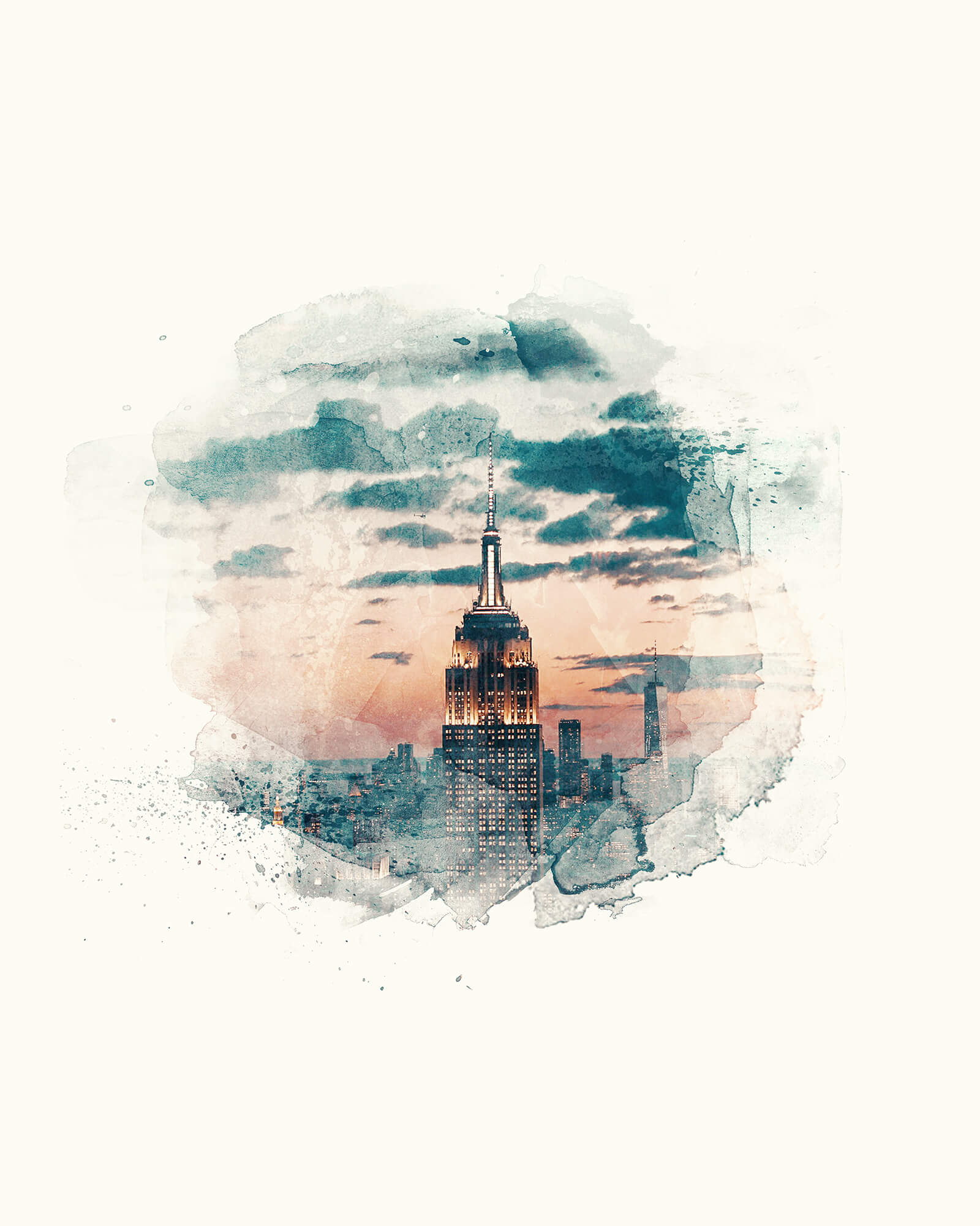 Watercolor illustration of the Empire State Building in New York City at sunset, representing Terentti’s roots and international presence