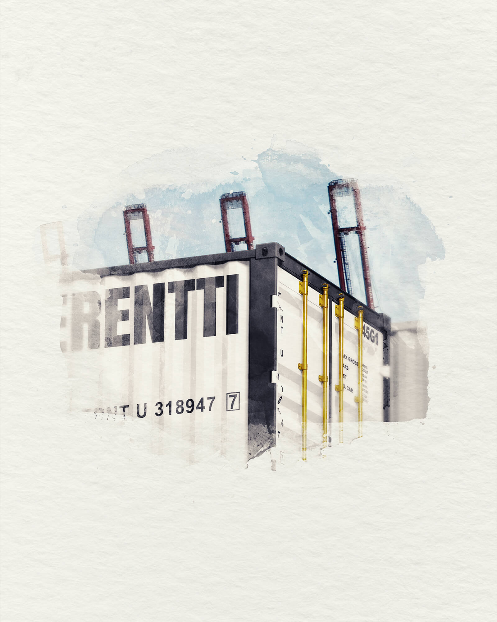 Watercolor illustration of Terentti shipping containers at a port, symbolizing expert international logistics