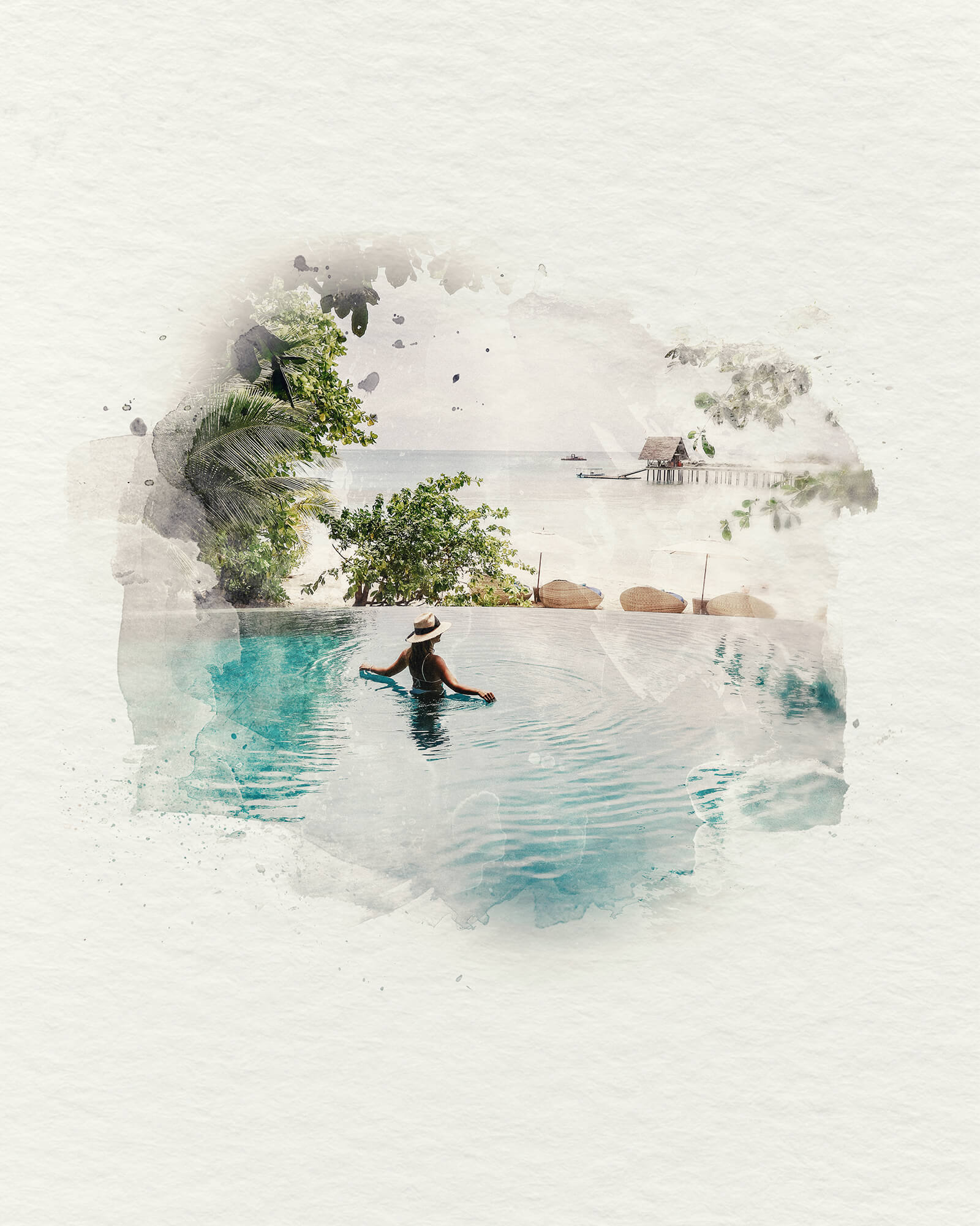 Watercolor illustration of a woman in a luxury hotel pool, symbolizing Terentti’s operational continuity and long-term support