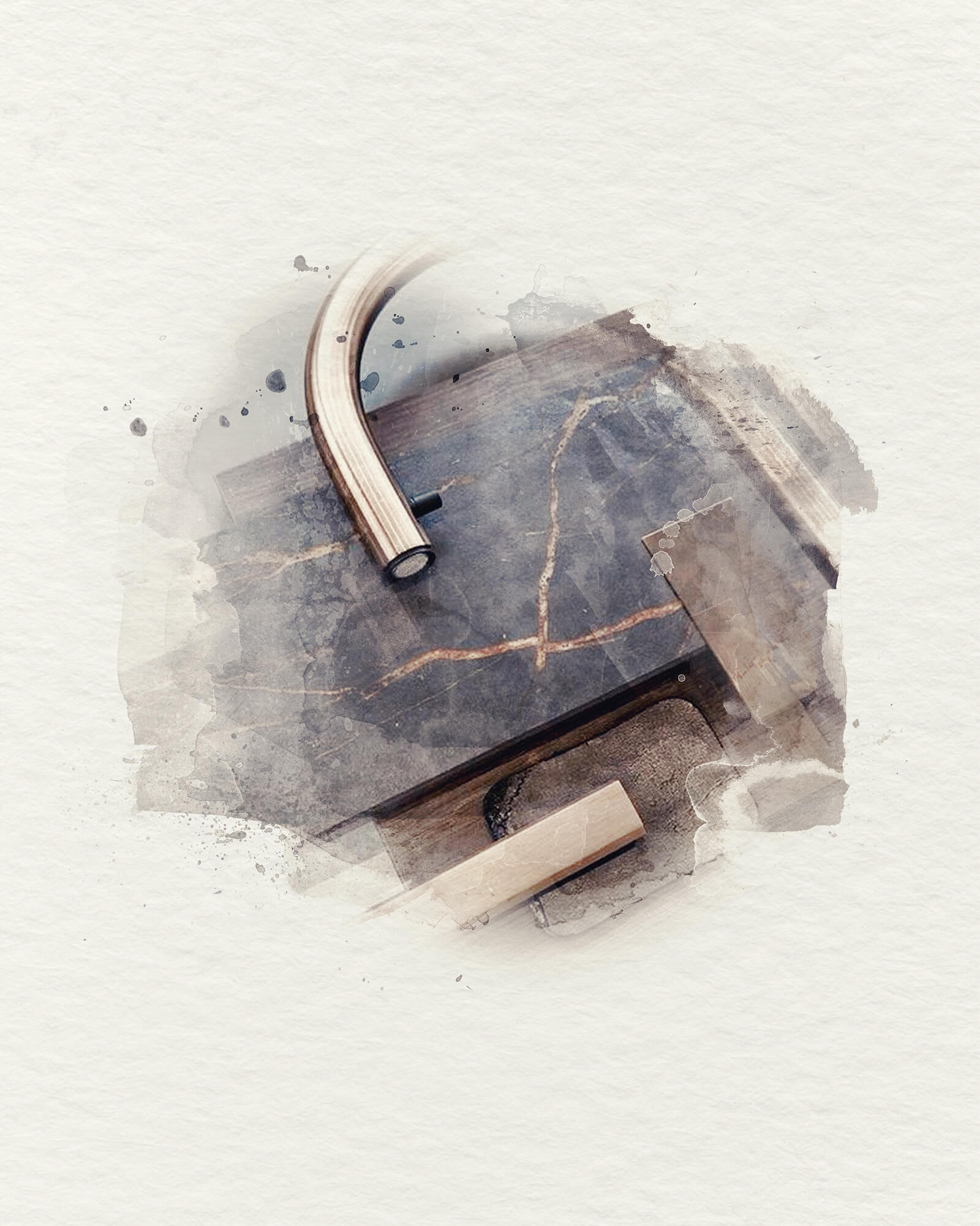 Watercolor illustration of custom faucet prototype and interior design moodboard on stone slab for design vision