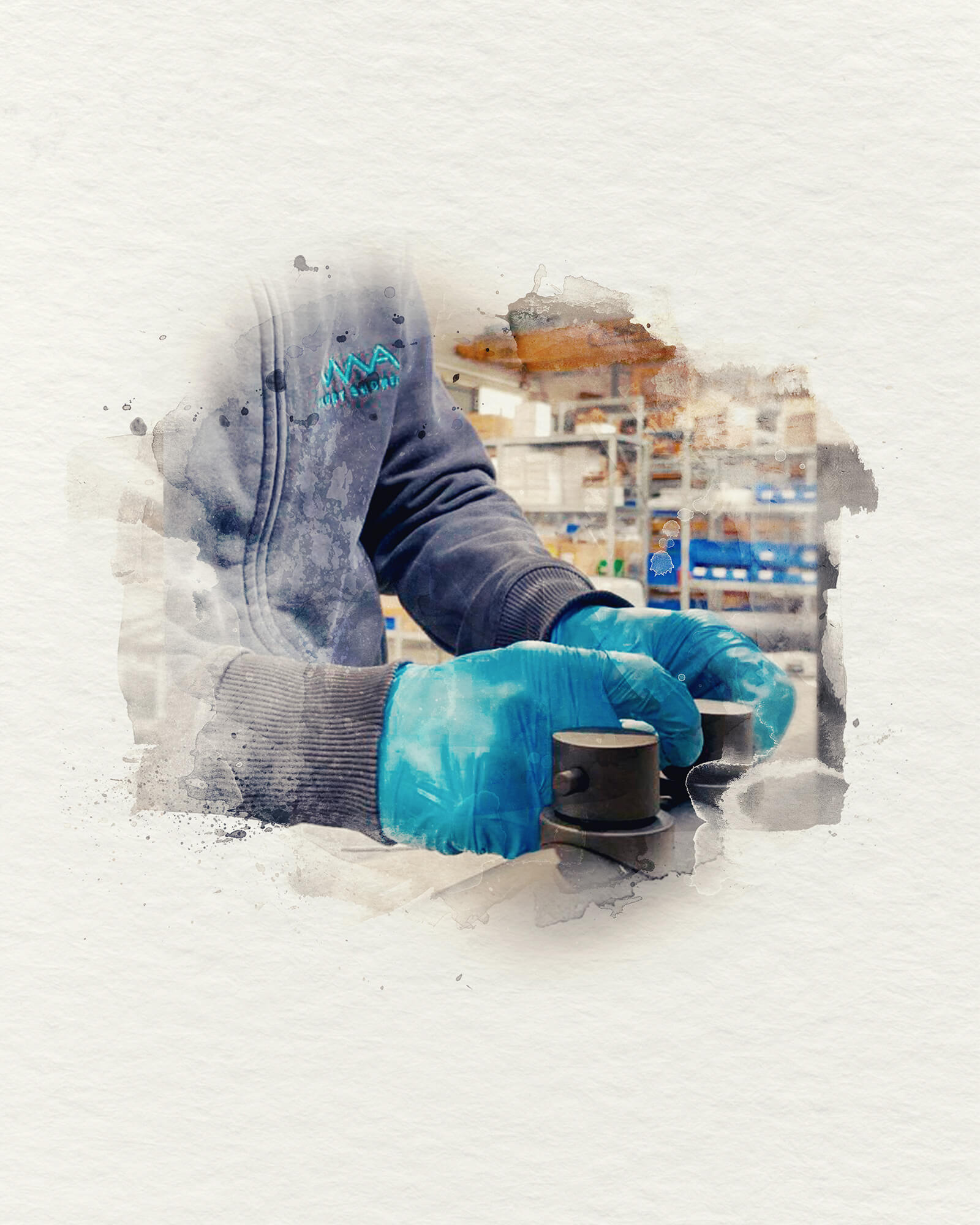 Watercolor illustration of an AMA Luxury Shower technician assembling a stainless steel shower column, representing Terentti’s direct brand access and relationships with brands and factories in the united states and europe