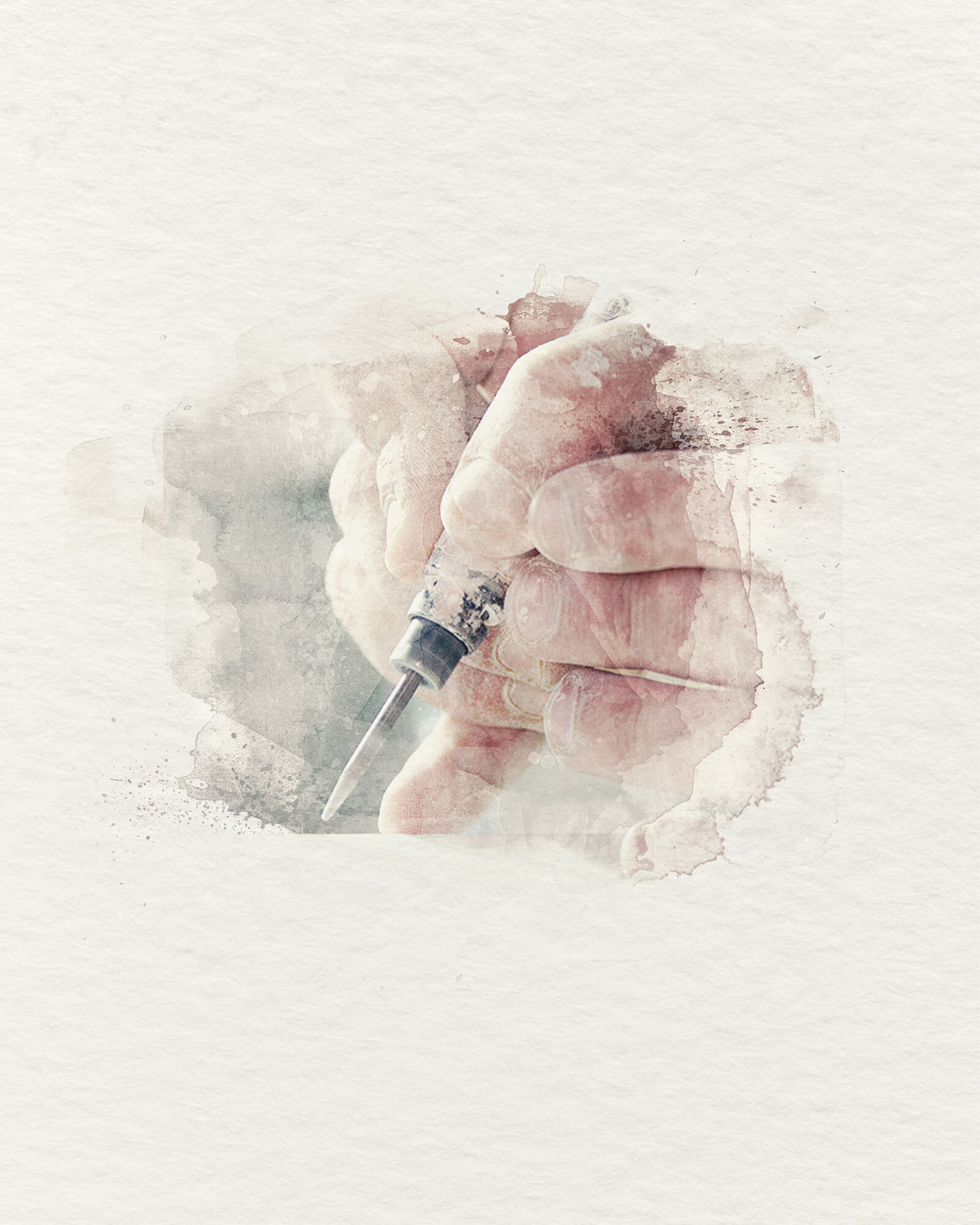 Watercolor illustration of a craftsman’s hand shaping a custom stone bathtub, symbolizing Terentti’s bespoke product design and development