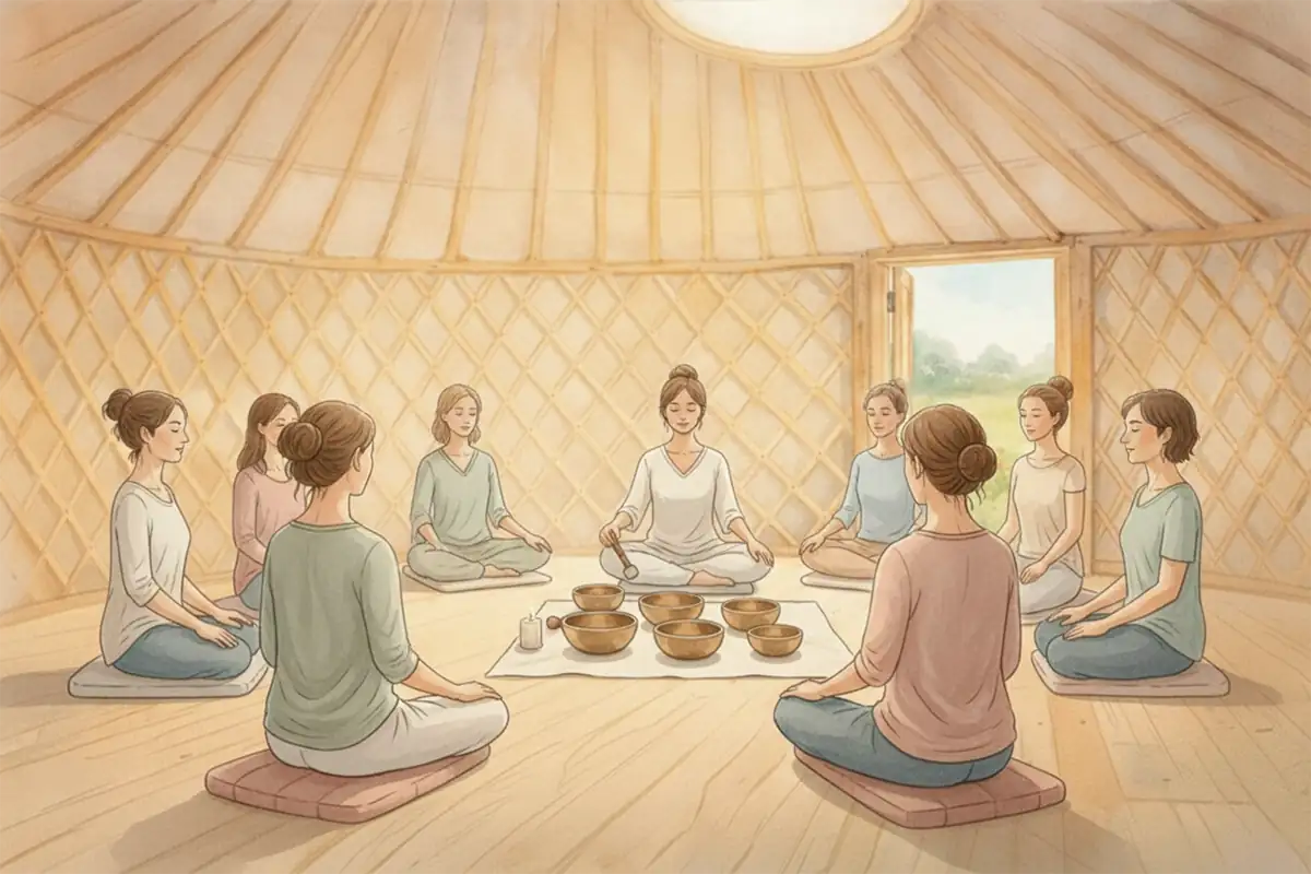 Eine Gruppe von acht Frauen meditiert im Kreis in einer Jurte mit Klangschalen auf dem Boden.