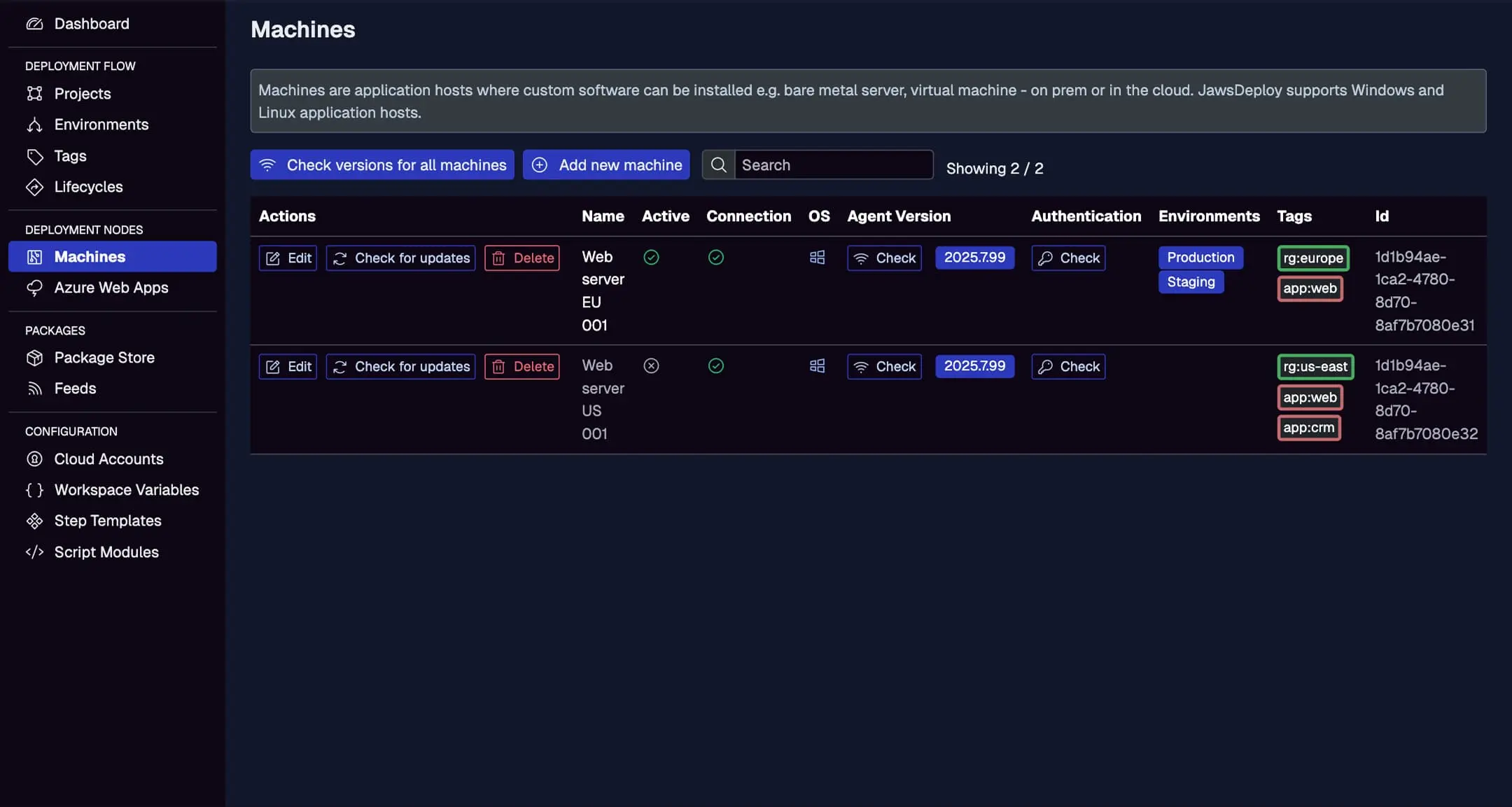 Jaws Deploy Machines List interface showing active connection status, operating systems, agent versions, and assigned environment tags.