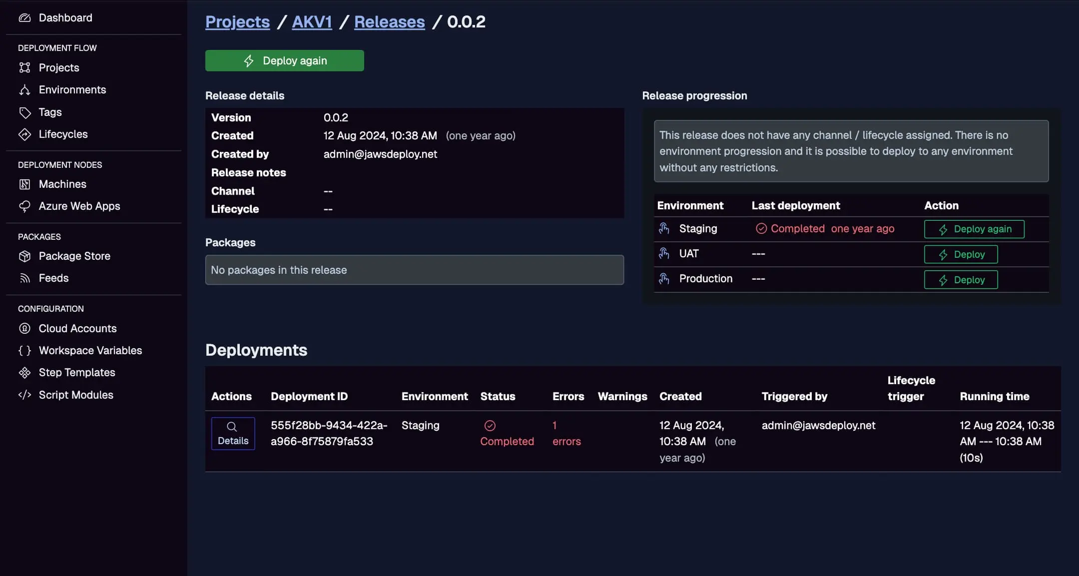 Detailed view of Release 0.0.2 in Jaws Deploy, showing deployment history, environment progression status, and execution logs.