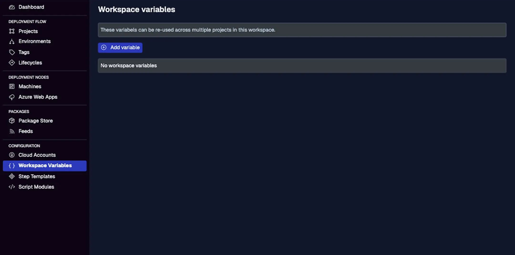 Workspace Variables interface in Jaws Deploy showing variable names, types, values (masked for secrets), and scoping columns like Environment and Tag.