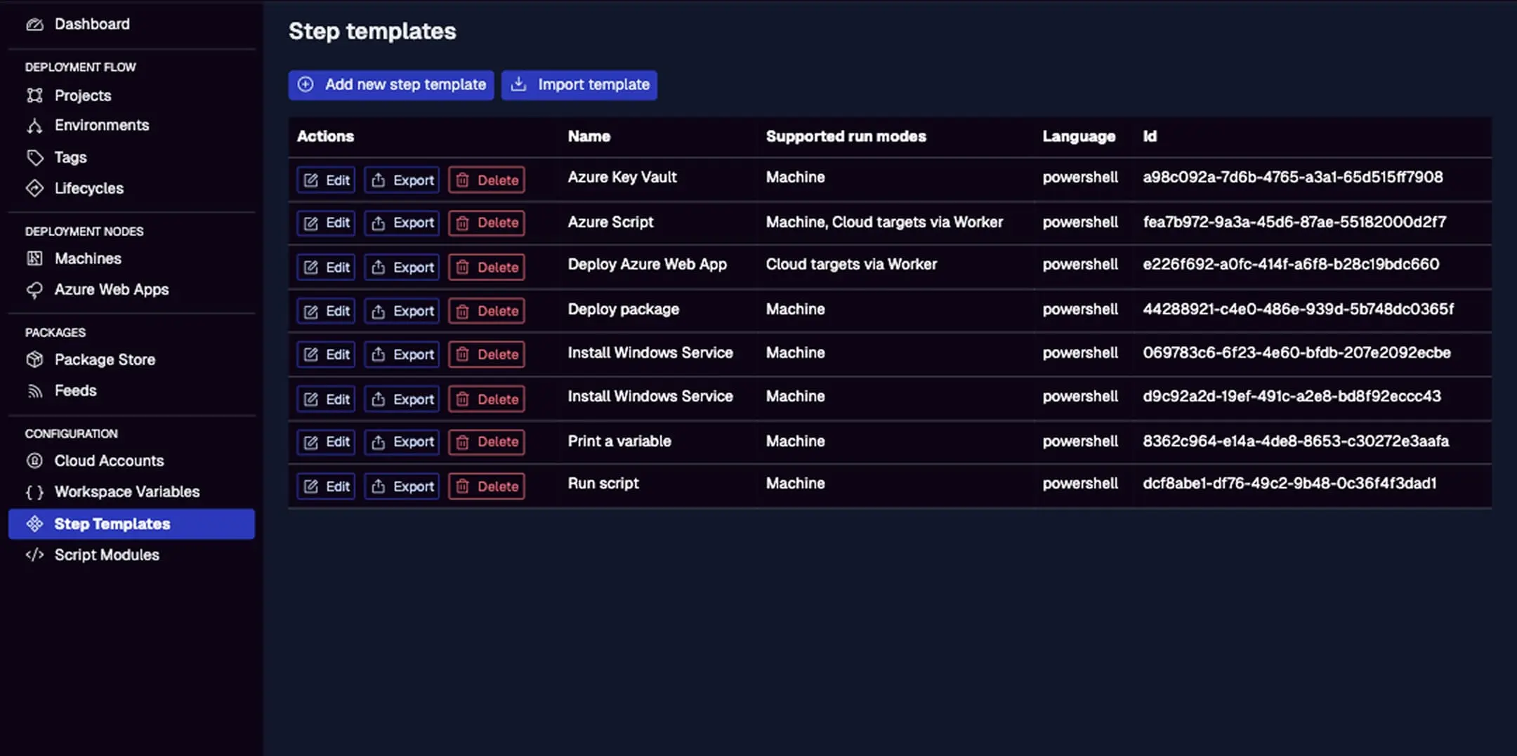 The Step Templates management page showing a table of pre-defined deployment actions such as "Azure Key Vault," "Deploy package," and "Install Windows Service," all utilizing the PowerShell language.