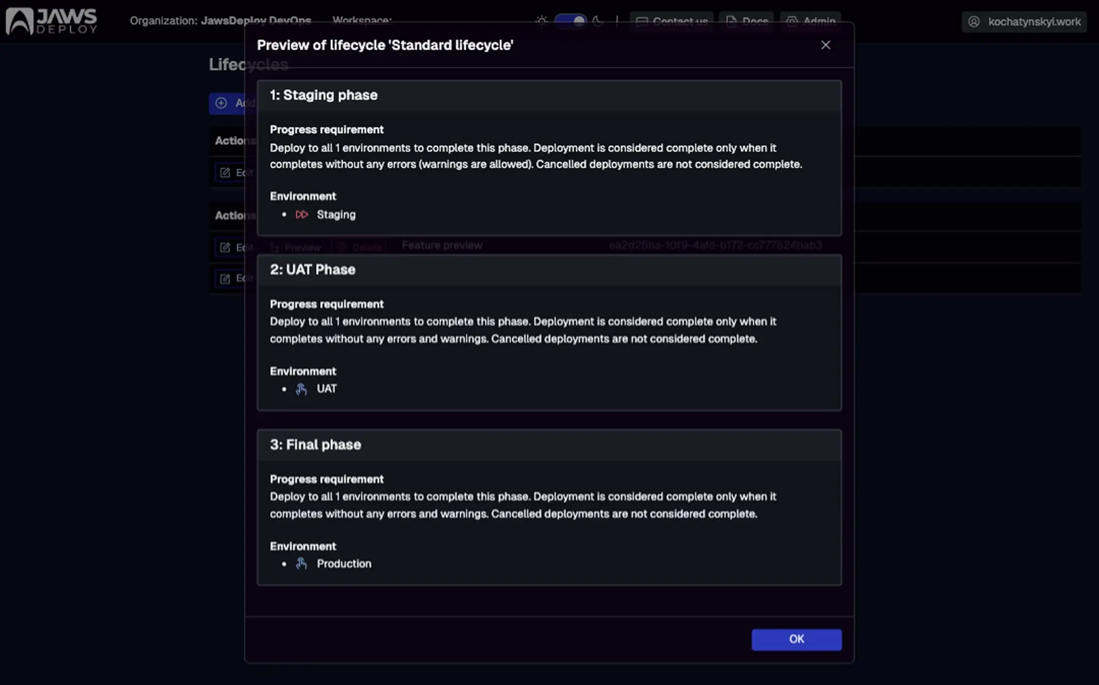 Jaws Deploy Environments list and Lifecycle preview showing deployment stages like Dev, Staging, and Production with progression rules.