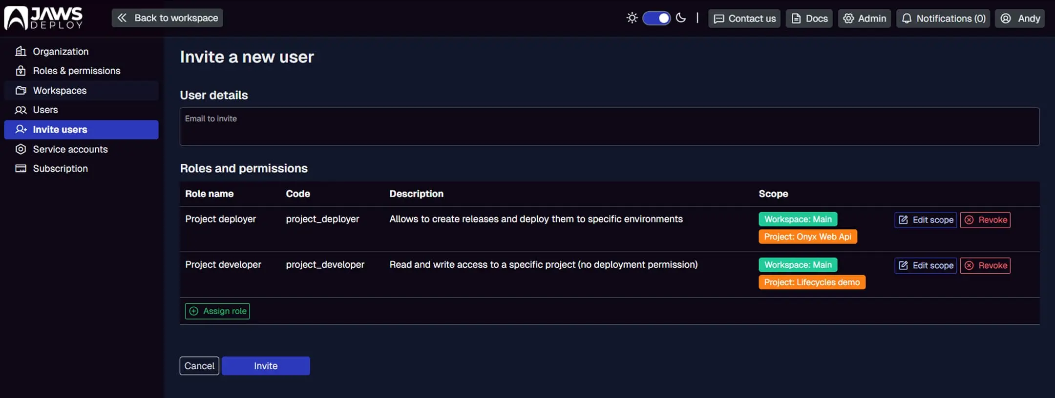 Jaws Deploy management interface demonstrating how lists and scoping are organized, similar to the variable management system.